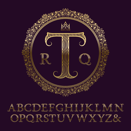 Wavy patterned gold letters with initial monogram. Elegant font for design. Isolated english vintage alphabet.のイラスト素材