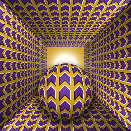 Optical motion illusion illustration. A sphere are moving through square tunnel. Purple arrows on golden objects. Abstract fantasy in a surreal style.のイラスト素材