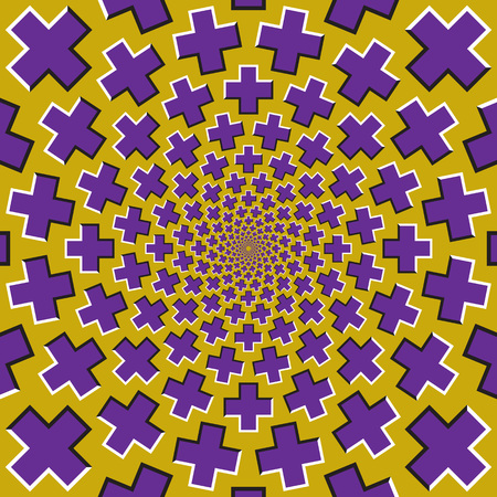 Optical motion illusion background. Purple crosses fly apart circularly from the center on yellow background.のイラスト素材