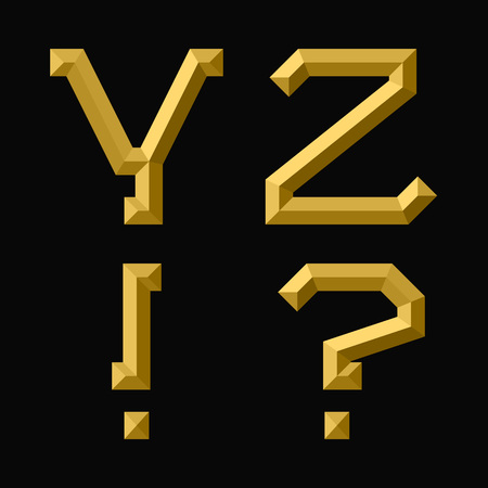 Y, Z gold faceted letters, exclamation and question marks. Trendy and stylish golden font.のイラスト素材