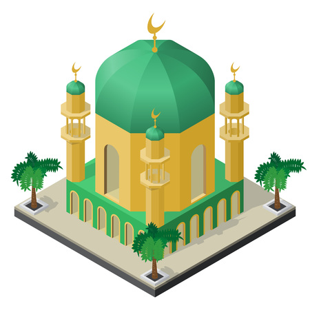 Mosque with minarets and palm trees in isometric view.のイラスト素材