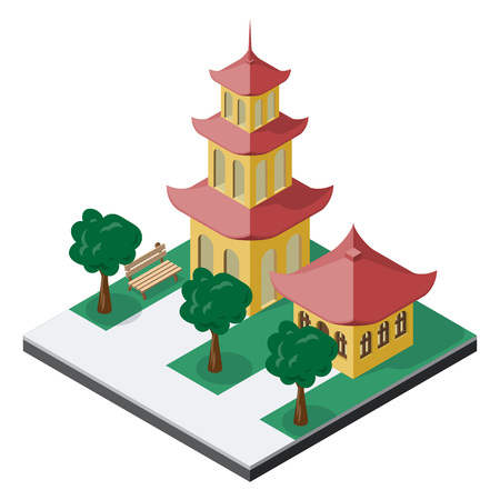 Chinese pagoda buildings with trees and bench in isometric view.のイラスト素材