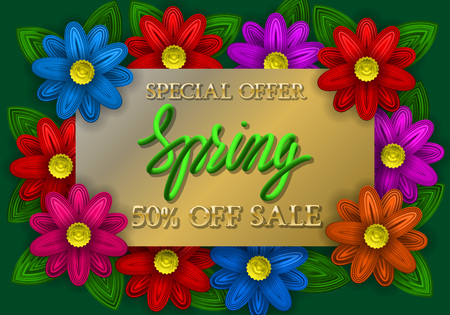 Spring sale special offer golden and green gradient lettering on golden plate with colorful flowers.のイラスト素材