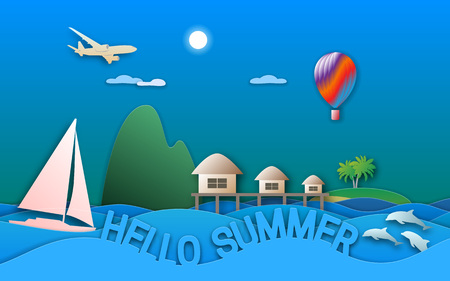 Hello summer travel illustration in paper cut style. Sea resort with bungalows, sailing yacht, balloon, islands, dolphins and aircraft.のイラスト素材