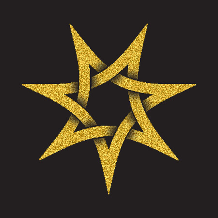 Golden glittering logo template in Celtic knots style on black background. Tribal symbol in seven pointed star form. Gold ornament for jewelry design.のイラスト素材
