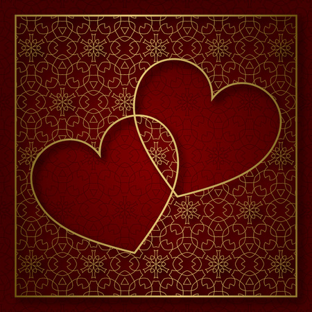 Romantic patterned background with frame of two heartsのイラスト素材