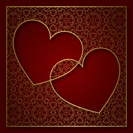 Romantic patterned background with frame of two heartsのイラスト素材