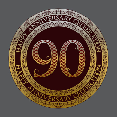 Ninetieth happy anniversary celebration  symbol. Golden maroon medal emblem in vintage styleのイラスト素材