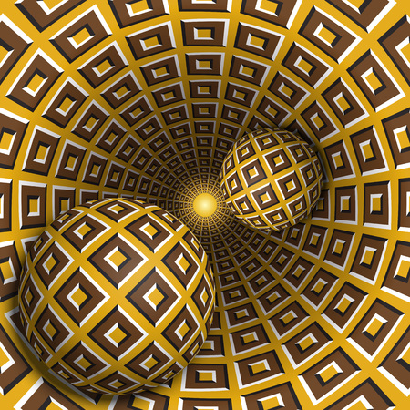 Optical illusion illustration. Two balls are moving in rotating hole. Brown blocks on yellow pattern objects. Abstract fantasy in a surreal style.のイラスト素材