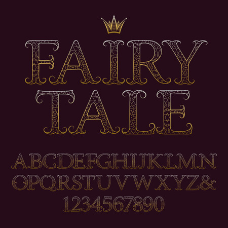 Golden patterned capital letters and numbers. Decorative vintage font. Isolated english alphabet with text Fairy Tale.のイラスト素材