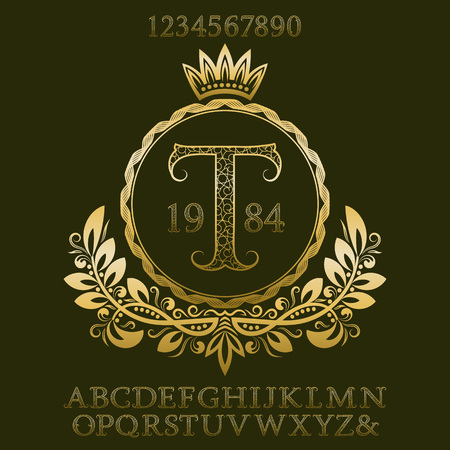 Golden patterned letters and numbers with initial monogram in coat of arms form. Elegant font and elements kit for logo design.のイラスト素材
