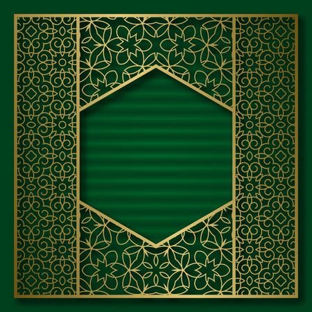 Golden cover background with traditional patterned frame in hexagonal form.のイラスト素材