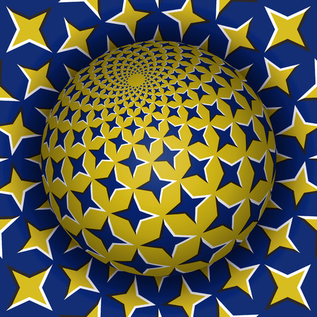 Optical illusion vector illustration. Starry sphere soaring above the surface. Blue yellow patterned objects. Abstract background in a surreal style.のイラスト素材