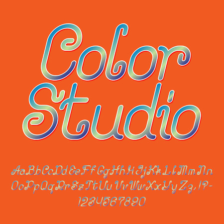 Beautiful colorful curly font, italic type. Isolated english alphabet of capital and lowercase letters with numbers and punctuation marks. Color Studio text lettering.のイラスト素材