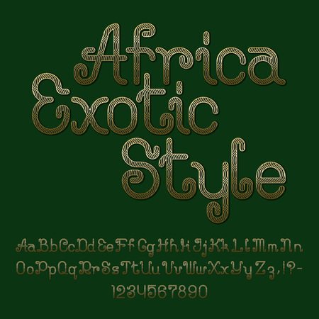 Golden wavy striped curly font. Isolated english alphabet of capital and lowercase letters with numbers and punctuation marks. Africa Exotic Style text lettering.のイラスト素材