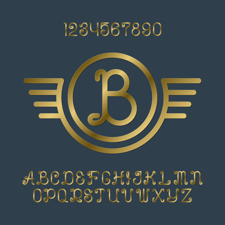 Beautiful golden curly letters and numbers with initial monogram in winged frame. Stylish font kit for logo design.のイラスト素材