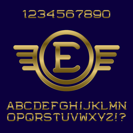 Golden gradient letters and numbers with initial monogram in winged frame. Stylish font kit for logo design.のイラスト素材
