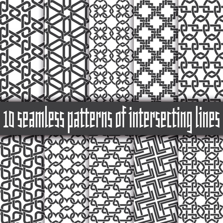 Set of 10 abstract patterns. Black and white seamless vector backgrounds.のイラスト素材