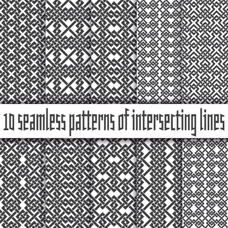 Vector set of abstract seamless patterns. Ten swatches of black lines on white backgrounds.のイラスト素材