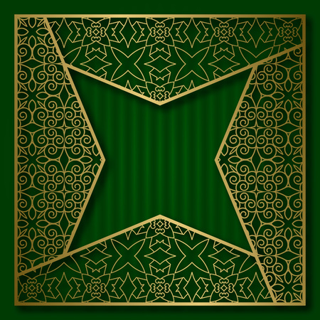 Golden cover background with traditional patterned frame in four pointed star form.のイラスト素材