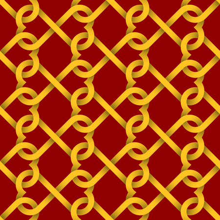 Abstract repeatable pattern background of golden twisted strips on red. Swatch of intertwined infinite love symbols - twisted hearts for Valentine's day gift wrapping design.のイラスト素材