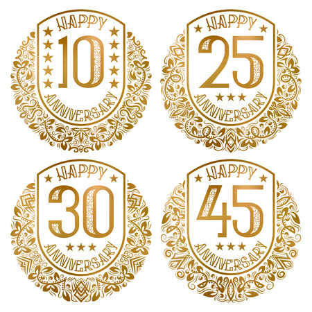 Happy anniversary emblems set. Vintage golden stamps for festive greetings and invitations.のイラスト素材