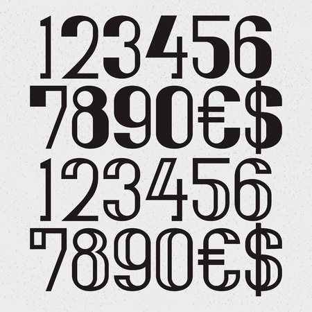 Two types of black numbers with dollar and euro symbols - full and hollow.のイラスト素材