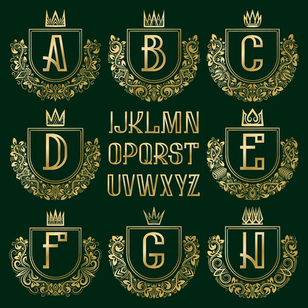 Patterned royal coat of arms kit. Golden letters and ornamental wreath frames for creating initial in vintage style.のイラスト素材