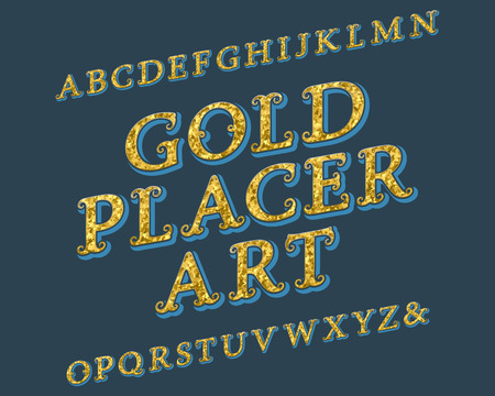 Gold Placer Art typeface. Vintage font. Isolated english alphabet.のイラスト素材