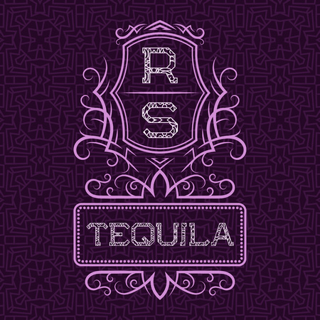 Tequila label design template. Patterned vintage monogram with text on seamless pattern background.のイラスト素材