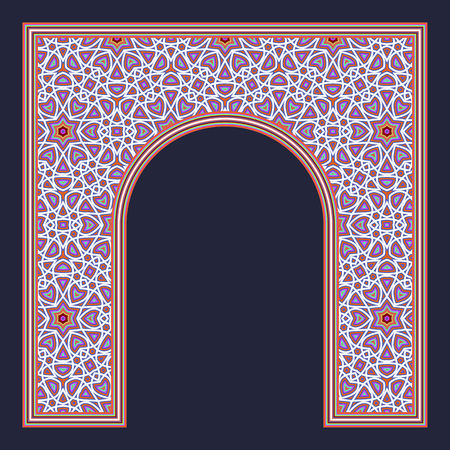 Patterned arched frame in oriental traditional style. Colorful arch for greeting card design.のイラスト素材