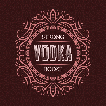 Vodka strong booze label design template. Patterned vintage frame with text on pattern background.のイラスト素材