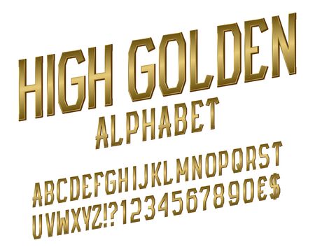 High golden alphabet witn numbers, dollar and euro currency signs, exclamation and question marks.のイラスト素材