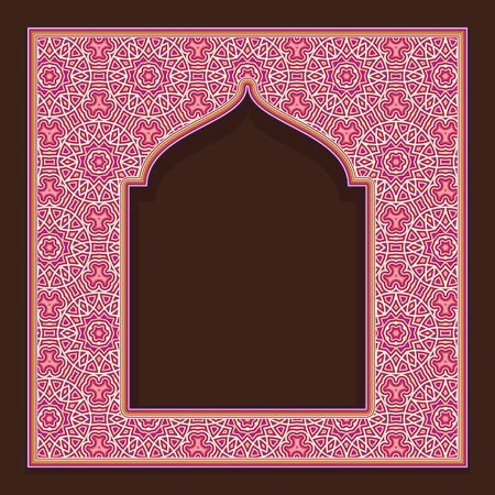 Patterned arched window frame in oriental traditional style. Colorful ornament for greeting card design.のイラスト素材
