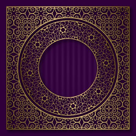 Golden patterned frame in oriental style. Vintage cover background or packaging design.のイラスト素材