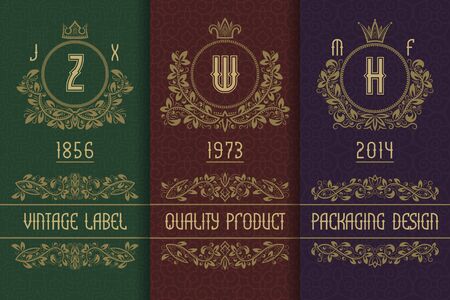 Vintage packaging design with royal monograms. Set of labels templates for quality product.のイラスト素材