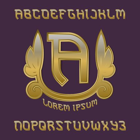 Golden monogram template in imperial laurel wreath with gaming stylized alphabet.のイラスト素材