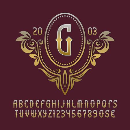 Golden monogram template in splendid floral wreath with vintage stylized alphabet with numbers.のイラスト素材