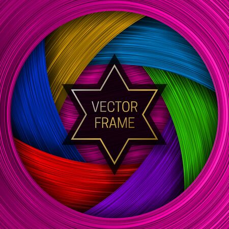 Bold layers background with star shaped black and gold frame for text. Colorful packaging design or cover template.のイラスト素材