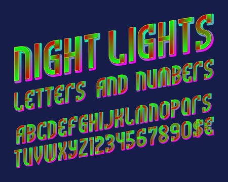 Night lights font of letters, numbers with currency signs of dollar and euro. Isolated typographic symbols.のイラスト素材