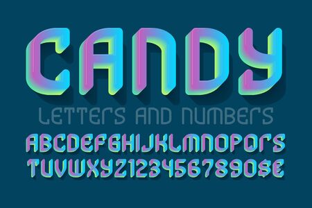 Candy letters and numbers with currency signs. Colorful gradient festive font. Isolated english alphabet.のイラスト素材