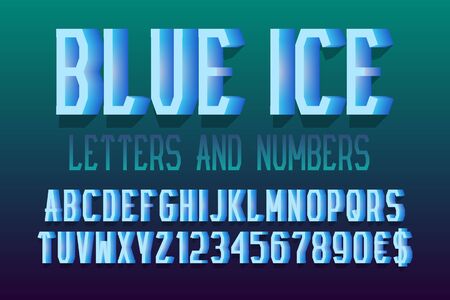 Blue ice letters and numbers with currency signs. Urban 3d letters font. Isolated english alphabet.のイラスト素材