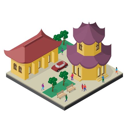 Isometric east asia cityscape. Pagoda, building, trees, benches, car and people.のイラスト素材