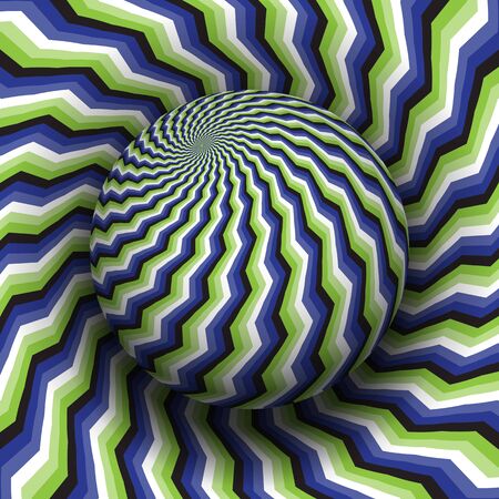 Optical illusion hypnotic vector illustration. Blue green white black patterned sphere soaring above the same surface.のイラスト素材