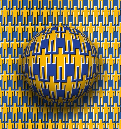 Unity of people optical illusion concept. Rotating sphere over moving surface with men symbols.のイラスト素材