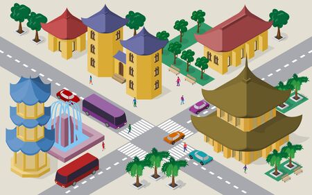 Isometric cityscape of east asian buildings, streets, pagoda, fountain, crossroad, cars, buses and people.のイラスト素材