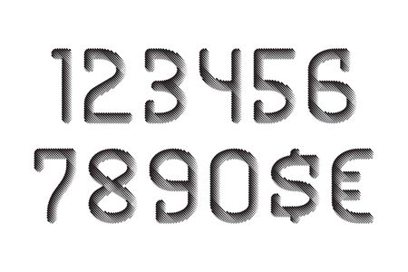 Hatching textured numbers with currency signs in monochrome urban style.のイラスト素材