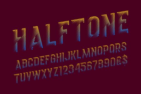 Halftone letters with numbers and currency signs. Yellow blue gradient dots font. Isolated english alphabet.のイラスト素材