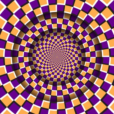 Abstract round frame with a moving orange purple checkered pattern. Optical illusion hypnotic background.のイラスト素材