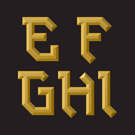 E, F, G, H, I golden faceted font. Isolated artistic unusual font.のイラスト素材